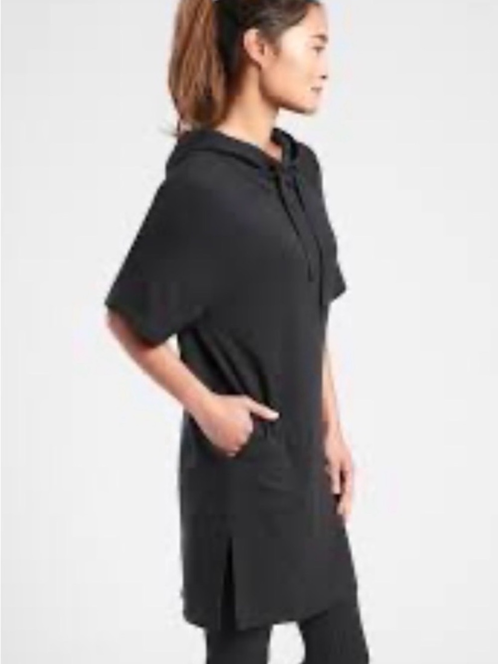 Athleta Black Hooded Short-Sleeve Mini Dress